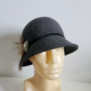 Callanan 100% Wool 1920 Vintage Dark Gray Rhinestone Feathered Bucket Hat